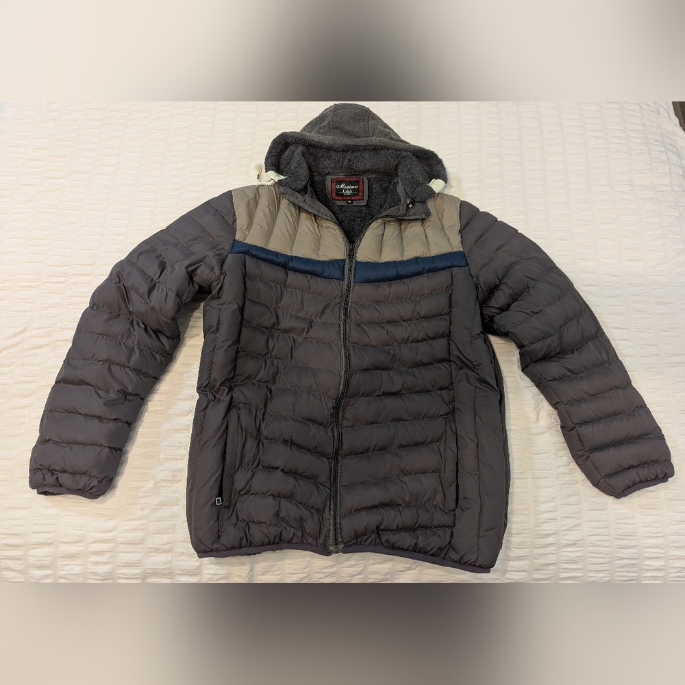 Maximos Puffer Hooded Jacket Mens XL Gray Blue Lightweight Zip Insulated Snow